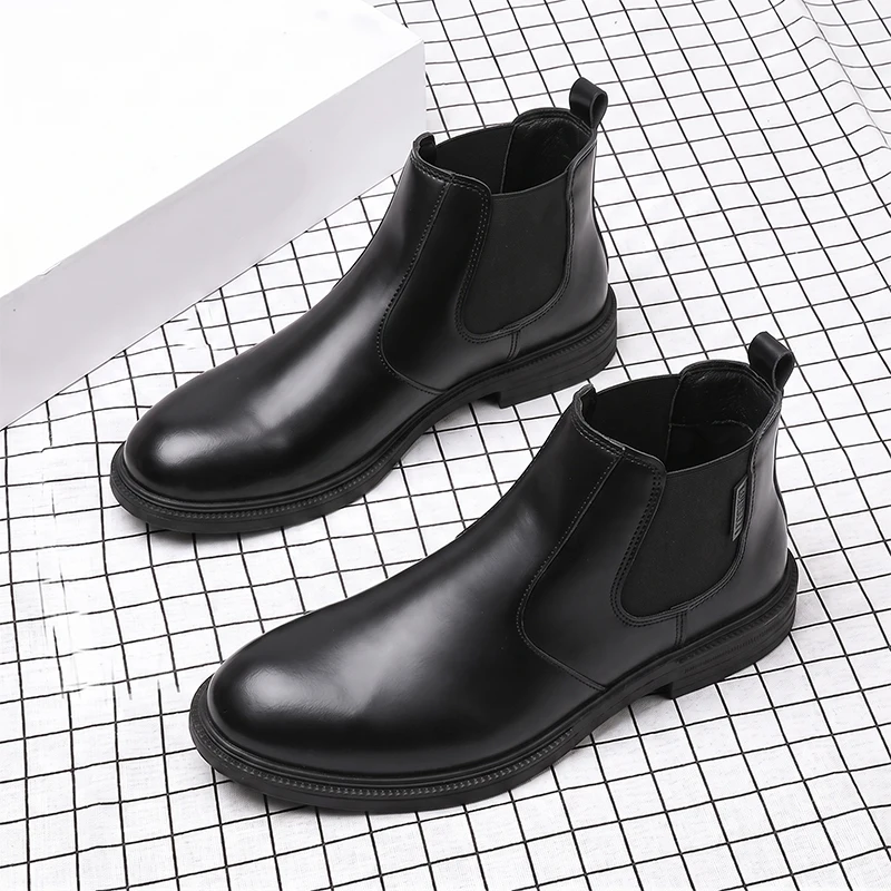 Men Formal Wear With Boots - Męskie skórzane botki Chelsea, model slip-on,