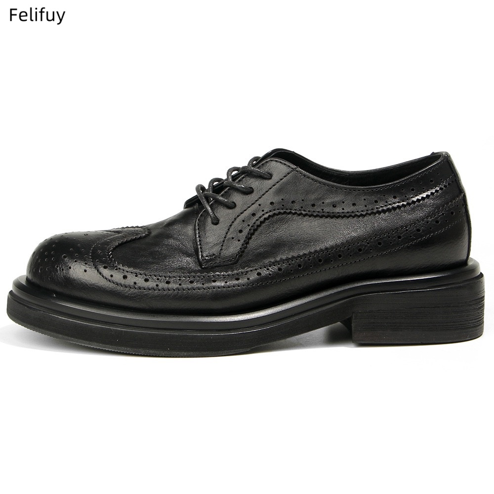 Men Formal Wear All Black - Czarne derby męskie, vintage, z rzeźbionej